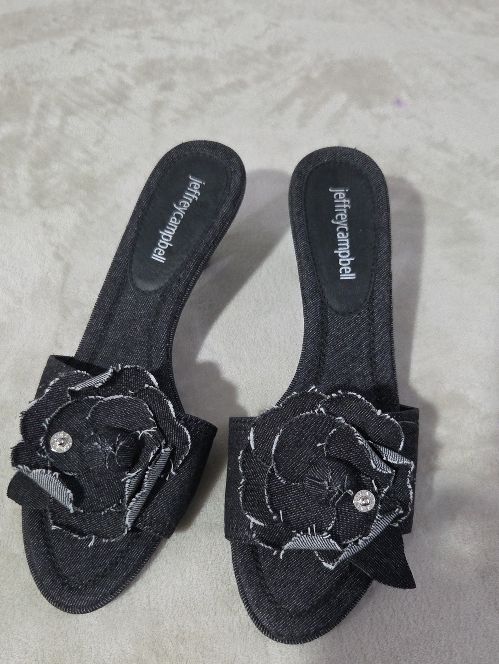 Jeffrey Campbell Black Denim Floral Slide Mules